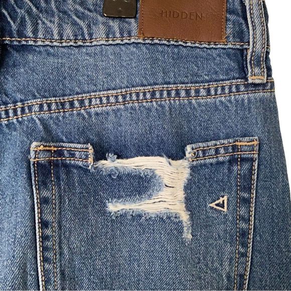 Hidden Jeans: Dark Wash High Rise Destoryed Denim Shorts - Picture 6 of 8